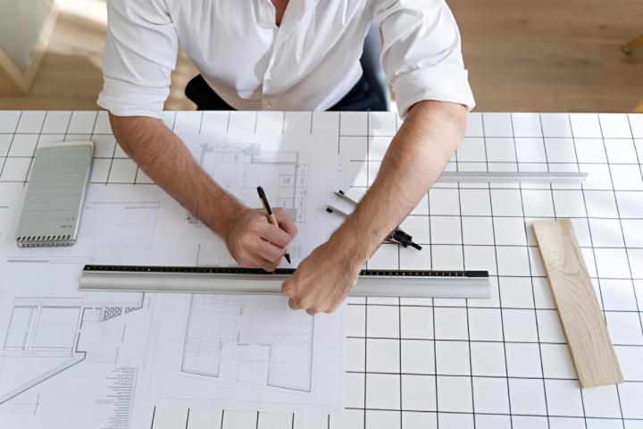 Un arquitecto joven dibujando planos de construcción sobre una mesa blanca.