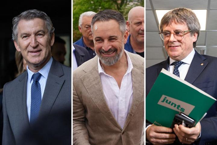 De izquierda a derecha: Alberto Núñez Feijóo, Santiago Abascal y Carles Puigdemont.