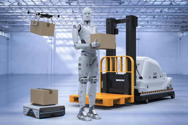 Carretilla elevadora automática con robot de almacén y dron en renderizado 3D en fábrica.