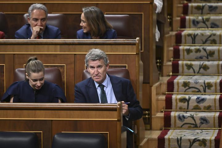 El presidente del PP, Alberto Núñez Feijóo , asiste al pleno del Congreso que debate y vota el decreto ley que prorroga los contratos de alquiler, este martes en Madrid