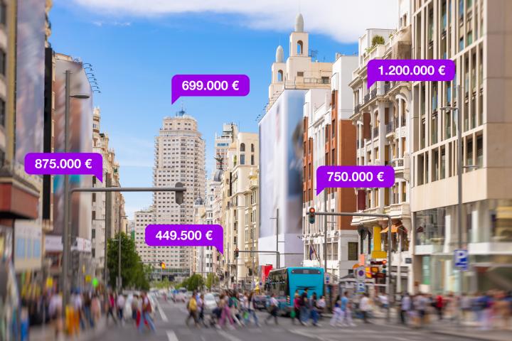 Ilustración digital que simula precios de vivienda en la Gran Vía de Madrid.