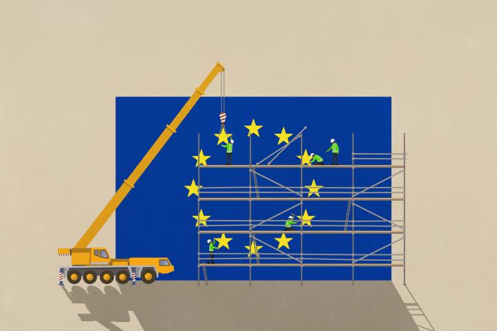 Ilustración que muestra a trabajadores colocando con una grúa las estrellas a una gigantesca bandera de la Unión Europea.