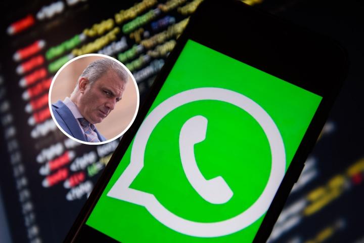 Imagen de Ortega Smith en un círculo y de fondo un móvil con el logo de WhatsApp en la pantalla