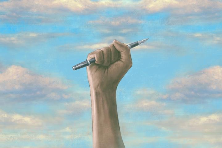 Ilustración del artista Jorm Sangsorn sobre la libertad de prensa: un puño armado con una pluma, con el cielo al fondo.