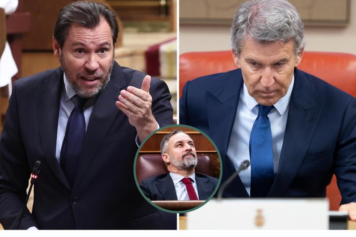 Imágenes de archivo del ministro de Transporte, Óscar Puente, el presidente del PP, Alberto Núñez Feijóo, y el líder de Vox, Santiago Abascal, en un detalle en el círculo; respectivamente.