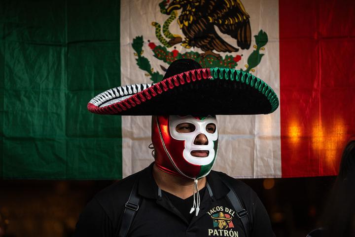 MADRID, SPAIN - 2026/02/20: A man wearing a Mexican wrestling man promoting a Mexican restaurant. (Photo by Marcos del Mazo/LightRocket via Getty Images)
