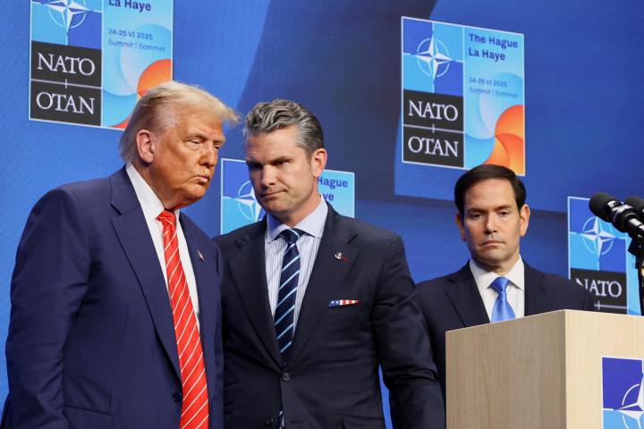 El presidente de EEUU, Donald Trump, su secretario de Defensa, Pete Hegseth, y el de Estado, Marco Rubio, en la cumbre de la OTAN en La Haya, el 25 de junio de 2025.