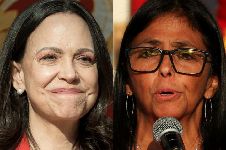 La líder opositora de Venezuela, María Corina Machado, y la presidenta encargada del país, Delcy Rodríguez, en sendas imágenes de archivo.