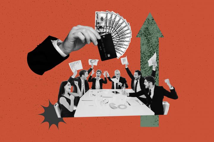 Empresas, jefes, dinero y flechas al alza, en una ilustración.