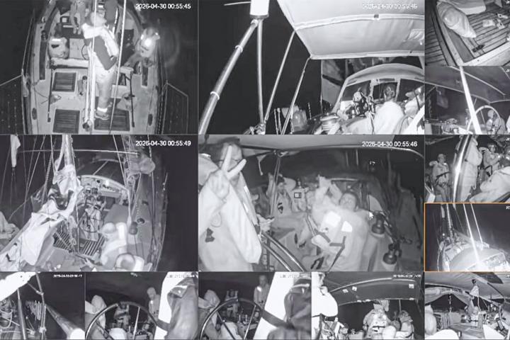 Una captura de pantalla de los vídeos de CCTV muestra a la tripulación de la misión de primavera de 2026 de la Flotilla Global Sumud, el 30 de abril, en el Mediterráneo.