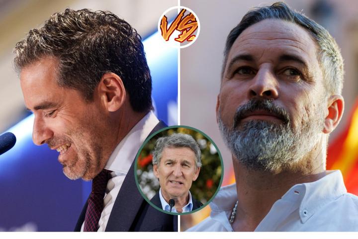 El popular Borja Sémper y el presidente de Vox, Santiago Abascal; con el líder del PP, Alberto Núñez Feijóo en un detalle en el círculo.