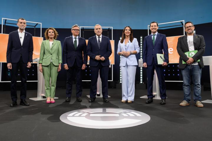 Los candidatos de los cinco partidos con representación parlamentaria -PP, PSOE, Vox, Por Andalucía y Adelante Andalucía-