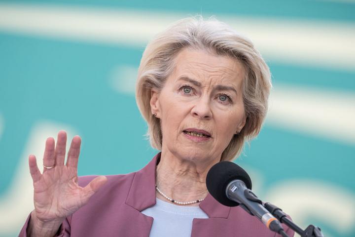 27 April 2026, Berlin: Ursula von der Leyen, President of the EU Commission, speaks before the start of the two-day meeting of the CDU/CSU parliamentary group's executive committee. Photo: Michael Kappeler/dpa (Photo by Michael Kappeler/picture alliance via Getty Images)