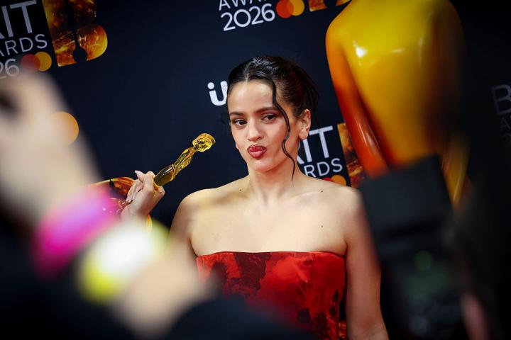 MANCHESTER, ENGLAND - FEBRUARY 28: (EDITORIAL USE ONLY)  Rosalía poses in the winners room during The BRIT Awards 2026 at Co-op Live on February 28, 2026 in Manchester, England.  (Photo by Mike Marsland/WireImage)