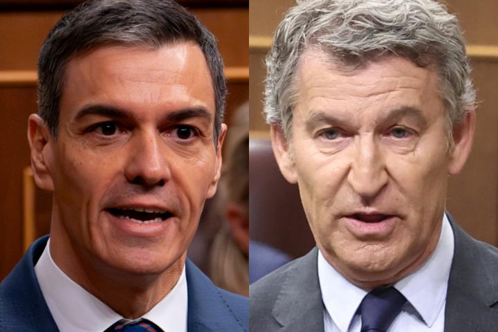 El presidente del Gobierno, Pedro Sánchez, y el líder del PP, Alberto Núñez Feijóo, en sendas imágenes de archivo en el Congreso.