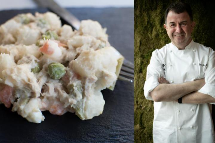Una imagen de archivo de una ensaladilla rusa y otra del chef Martín Berasategui