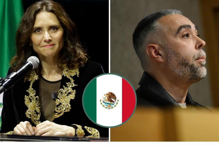 La presidenta madrileña, Isabel Díaz Ayuso, el secretario general de Facua y activista, Rubén Sánchez, y la bandera mexicana, en un detalle en el círculo.