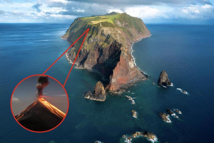 Una imagen de archivo de São Jorge, una isla de las Azores, y otra de una erupción volcánica