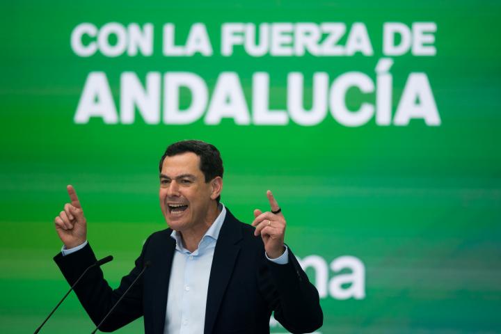 El presidente de la Junta de Andalucía en funciones, Juan Manuel Moreno Bonilla, en un acto de la campaña de las andaluzas del 17-M.
