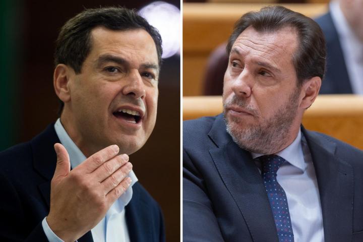 El presidente de la Junta de Andalucía en funciones, Juan Manuel Moreno, y el ministro de Transportes, Óscar Puente; en sendas imágenes de archivo, respectivamente.