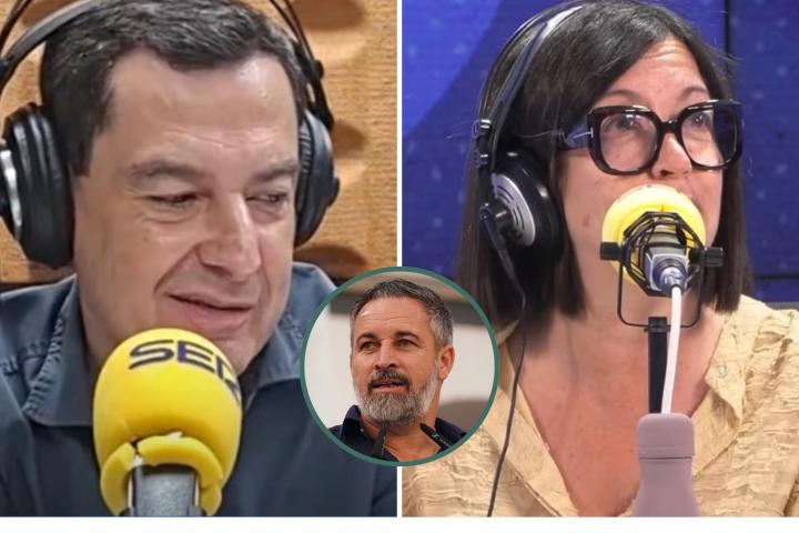 El presidente andaluz en funciones, Juan Manuel Moreno, y la directora de 'Hoy por hoy', Àngels Barceló, durante la entrevista electoral.