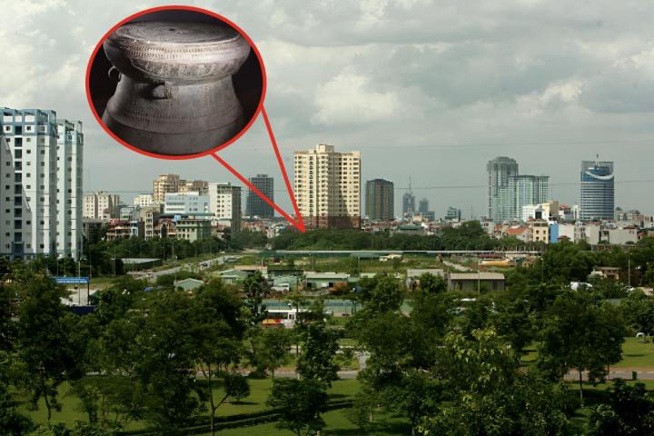 Una imagen de archivo del skyline de Vietnam y otra de un tambor Dong Son