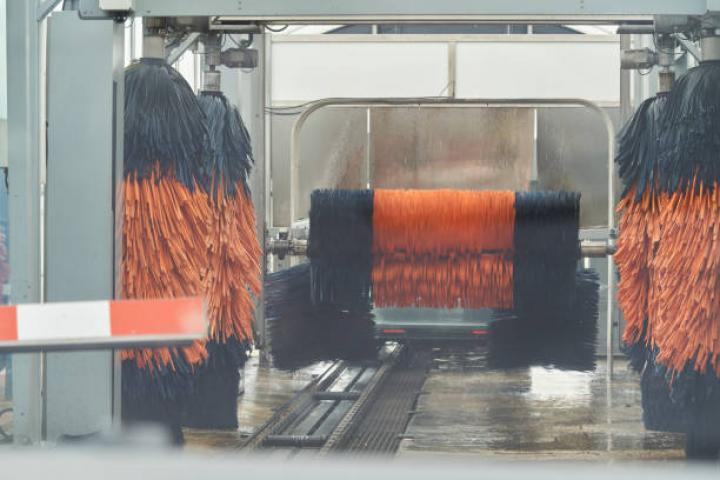 Inside view of a car wash brushes machine. Brushes of a car wash room.