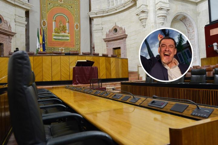 Imagen del salón de plenos del Parlamento andaluz vacío, con una imagen pequeñita de Juanma Moreno festejando los resultados electorales del 17M en un círculo arriba a la derecha