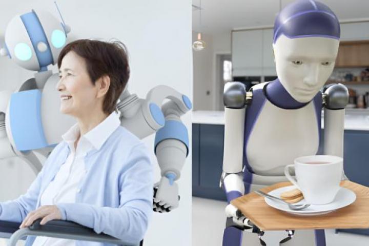 Una imagen de archivo de un robot cuidando de una persona mayor y otra de un robot haciedno de mayordomo doméstico