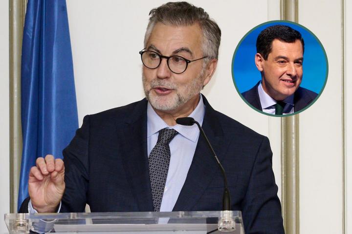 Imagen de archivo del periodista Carlos Alsina, y, en el círculo, el popular Juanma Moreno.