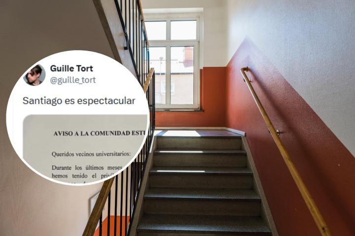 Montaje del cartel colgado y de una escalera.