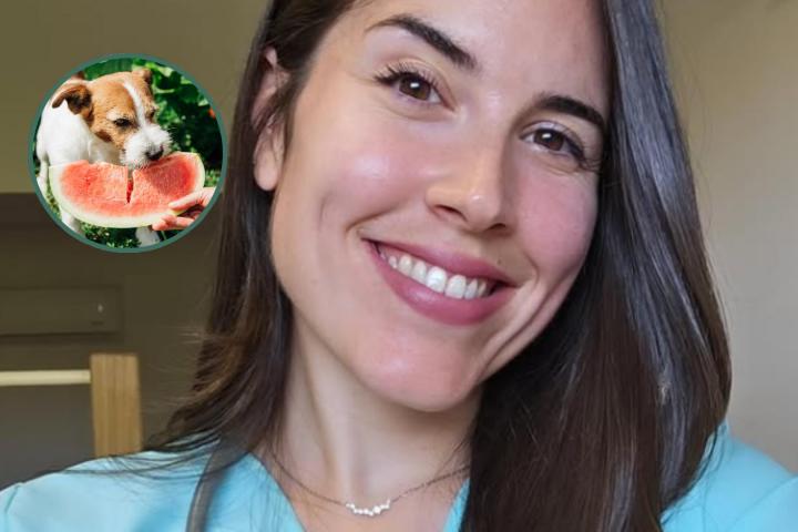 María Vetican y un perro comiendo sandía