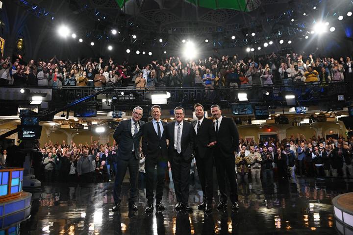 El programa 'The Late Show con Stephen Colbert' y sus invitados Jimmy Kimmel, Jimmy Fallon, John Oliver y Seth Meyers, durante la emisión del 11 de mayo de 2026.