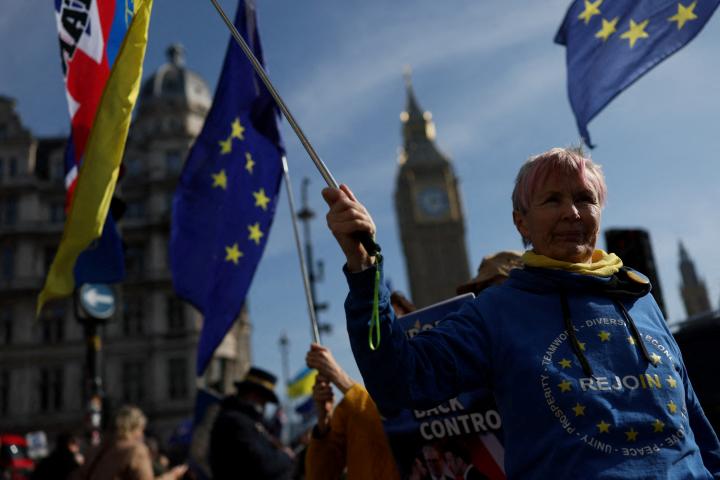 Un manifestante antibrexit ondea banderas de la UE y de Ucrania durante una protesta frente al Parlamento británico en Westminster, Londres, el 5 de marzo de 2025.
