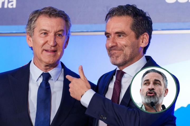 El portavoz nacional del PP, Borja Sémper, y el líder popular, Núñez Feijóo; con su homólogo de Vox, Santiago Abascal, en un detalle.