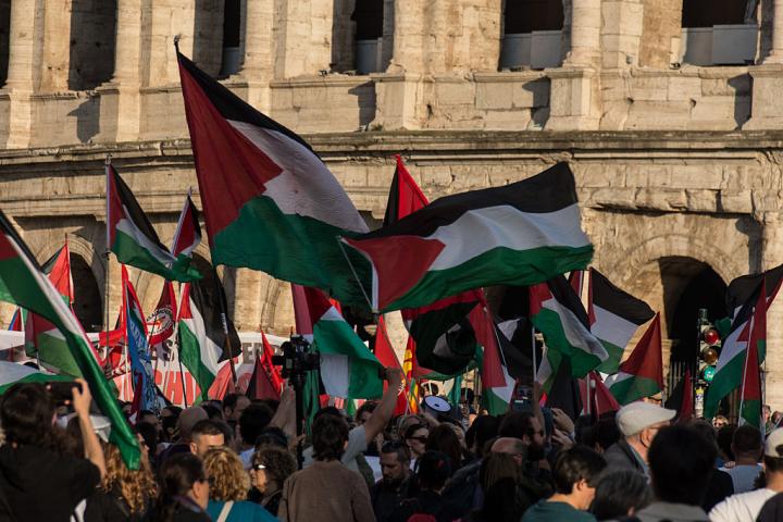 People participate in a demonstration 'For Palestine and against all war in support of the Flotilla' in Rome, Italy, on April 30, 2026. The flotilla is part of the 'Spring 2026 Mission,' an international effort to challenge the maritime blockade and deliver medical supplies to Palestinian boats in Gaza. Israeli forces conduct operations involving the Global Sumud Flotilla boats in international waters. (Photo by Andrea Ronchini/NurPhoto via Getty Images)