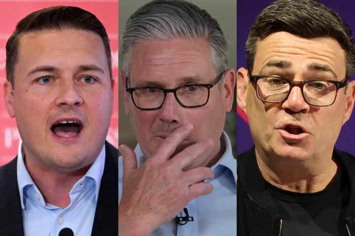 El exministro de Sanidad de Reino Unido, Wes Streeting; su primer ministro, Keir Starmer, y el alcalde de Mánchester, Andy Burnham, en imágenes de archivo.