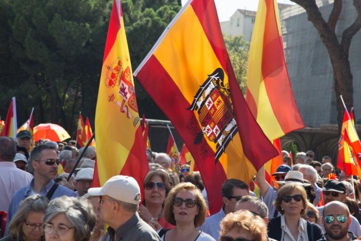 MADRID, SPAIN - 2018/10/06: Protesters are seen holding Falangist flags during a demonstration in Madrid against the Spanish government of Pedro Sanchez, for the unity of the country and against the inheritance tax. The demonstration started at the Plaza de Colón to the Congress of Deputies. (Photo by Lito Lizana/SOPA Images/LightRocket via Getty Images)
