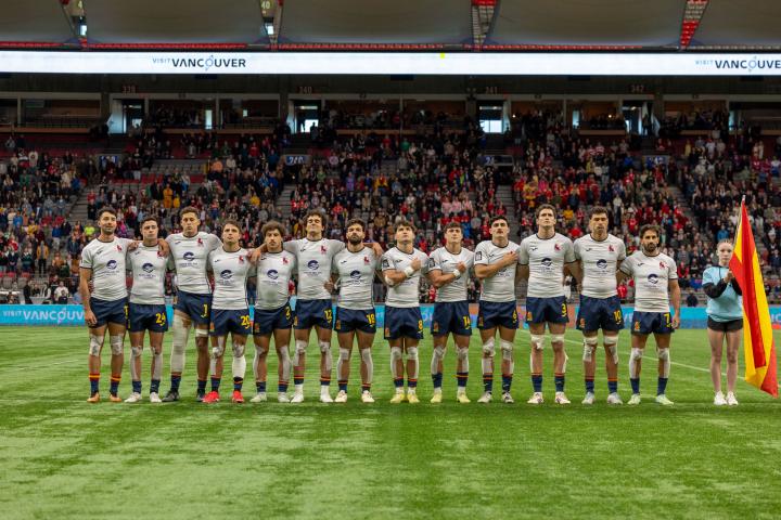 La selección española de rugby 7 durante las Series Mundiales en Vancourver.