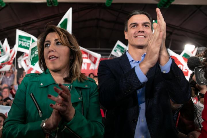 SEVILLA, SPAIN - APRIL 11: The secretary general of PSOE and president of the Government, Pedro Sanchez (R), and the secretary general of Andalusian PSOE, Susana Diaz (L), are seen in a political event on April 11, 2019 in Sevilla, Spain. (Photo by Jesús Prieto/Europa Press via Getty Images)