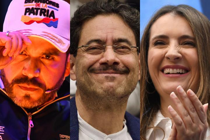 Abelardo Gabriel de la Espriella (ultraderechista), Iván Cepeda (izquierdista) y Paloma Valencia (uribista), en imágenes de la campaña presidencial colombiana de 2026.