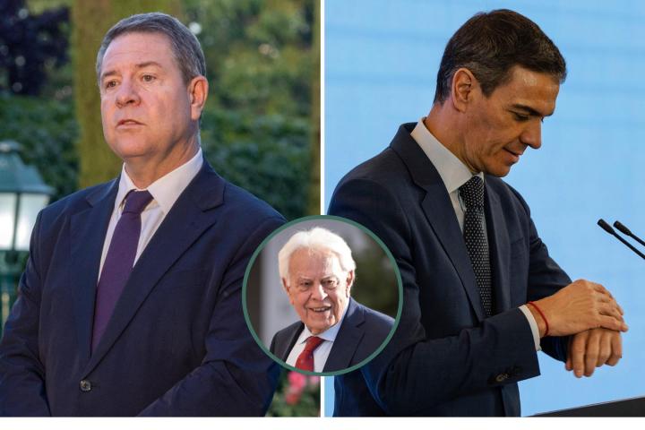 Imágenes de archivo del mandatario castellano-manchego García-Page, del presidente Pedro Sánchez y del expresidente Felipe González.