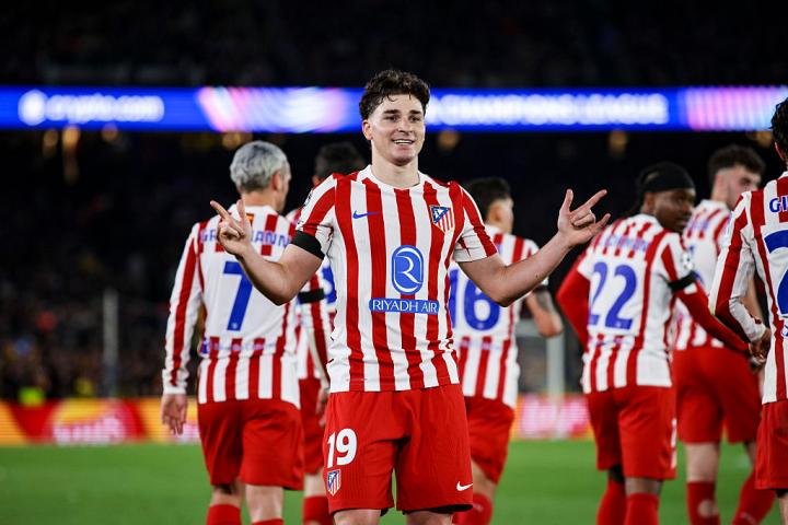 Barcelona, Spain - April 8: Julian Alvarez of Atletico de Madrid celebrates after scoring a goal during the UEFA Champions League 2025/26 Quarter-Final First Leg match between FC Barcelona and Club Atlético de Madrid at Estadi Olimpic Lluis Companys on April 8, 2026 in Barcelona, Spain. (Photo by Xavi Bonilla/DeFodi Images/DeFodi via Getty Images)