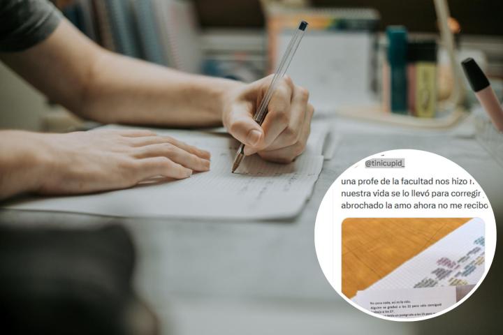 Montaje de una persona haciendo un examen con el tuit de Nanu.