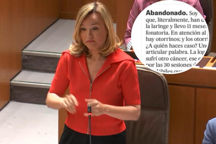 Pilar Alegría en las Cortes este viernes con una foto de la carta de Joan al director de 'El País'.