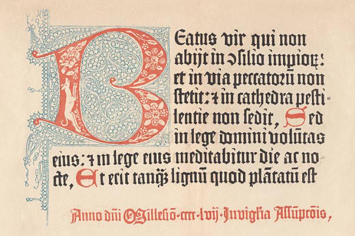 The Mainz Psalter, the first book to feature a printed date of publication, a printed colophon, two sizes of type, printed decorative initials, and the first to be printed in three colours. The colophon also contains the first example of a printer's mark. It was the first important publication by Johann Fust and Peter Schoeffer in 1457. The incunabula is one of the outstanding works of early art of printing. Facsimile after the original pergament, published in 1879.