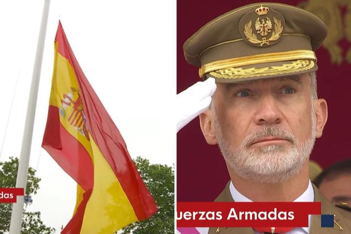Montaje del accidentado izado de bandera durante el desfile de las Fuerzas Armadas este sábado en Vigo.