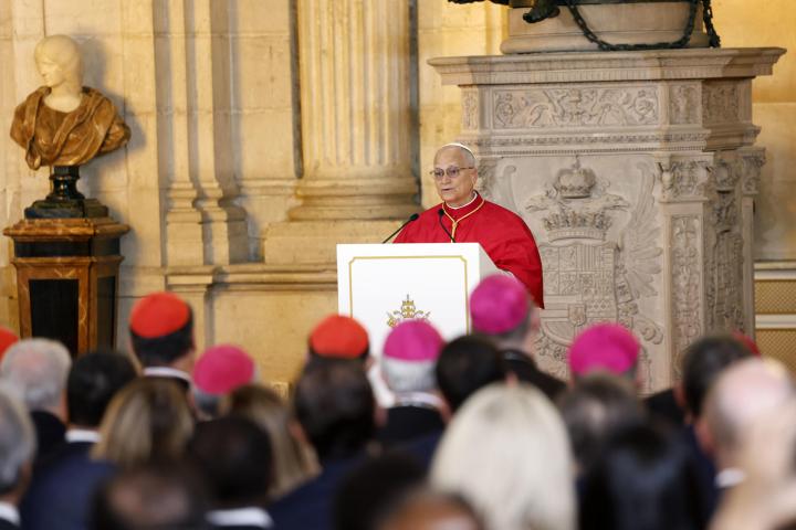 León XIV durante su primer discurso en España.