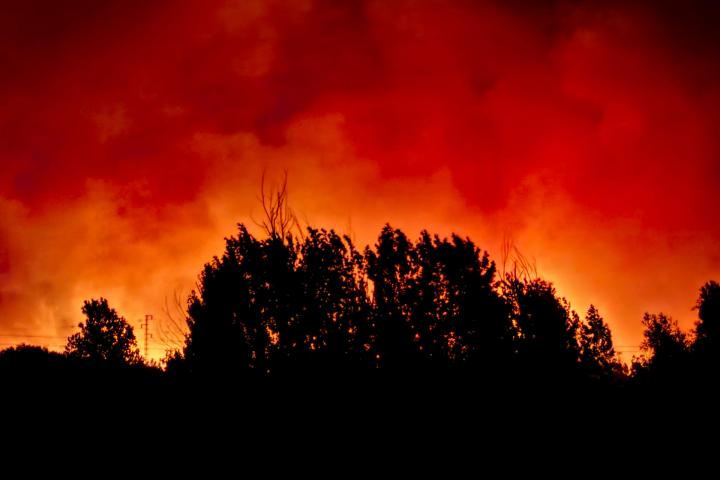 Las llamas arden en las lomas llegando a Gibraleón (Huelva), tras el inicio de un incendio forestal en Villanueva de los Castillejos, el 9 de junio de 2026.