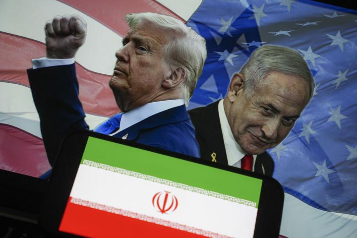 Ilustración que muestra al presidente de EEUU, Donald Trump, y al primer ministro de Israel, Benjamin Netanyahu, sobre las banderas de sus países y de Irán.